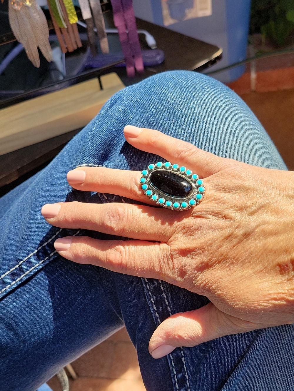 Turquoise and Black Oval Statement Ring - Women Jewelry